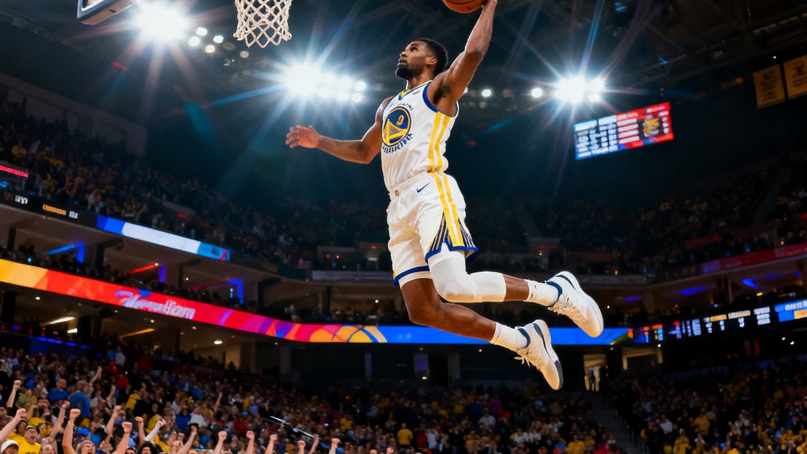 NBA篮球赛高清直播画面，球员飞身扣篮瞬间，球馆内灯光炫目观众欢呼