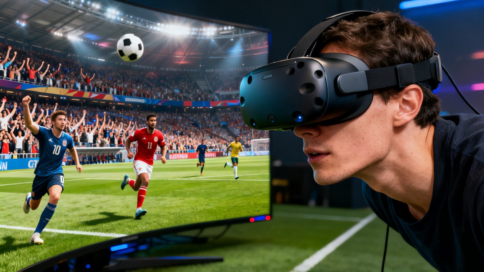 VR头戴设备中显示沉浸式球赛画面，用户仿佛置身球场