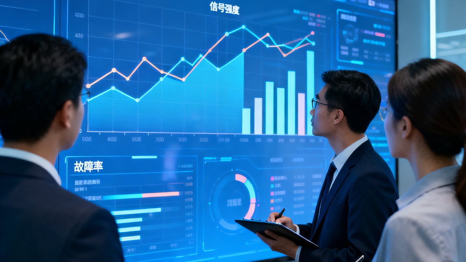 技术团队在数据大屏前分析线路质量图表