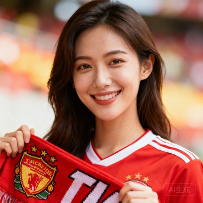 一位女性球迷手持球队围巾微笑的头像，身穿红色球衣